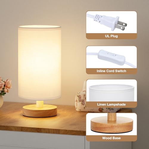 Fenmzee Small Table Lamps (White Shade - Wood Base, 9" Inline Control) - color: White Shade - Wood Base