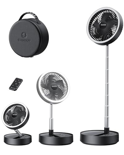 Gaiatop Portable Pedestal Fan 16000mAh Battery [Max 74h Runtime], Foldable Oscillating Standing Fan, Collapsible Desk Fans, LED Light, Case & Remote Control 4 Speeds for Outdoor Travel Camping (Black) - color: Black