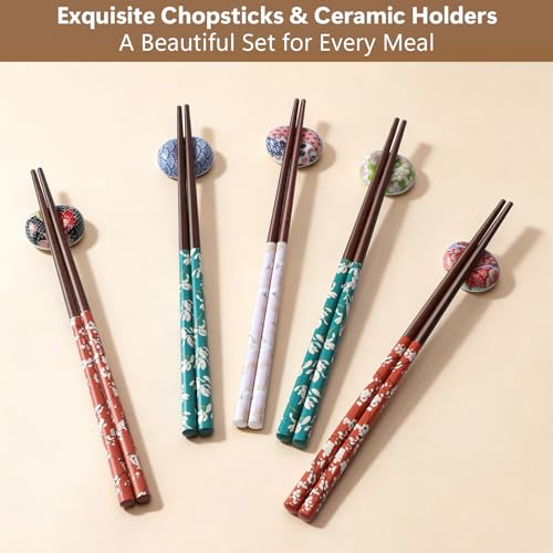 Antner 5 Pairs Reusable Wooden Chopsticks and Ceramic Rests Set, 8.8 Inch/22.5cm Classic Japanese Style Chopsticks with Holders for Ramen Sushi Asian Cuisine Lovers, Black Elegant Gift Box - color: Elegant Plum Blossom Chopsticks Set