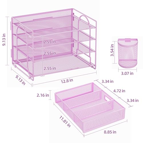 Marbrasse Desk Organizer, 4-Tier Paper File Letter Tray, Purple - color: Purple with Pen Holder