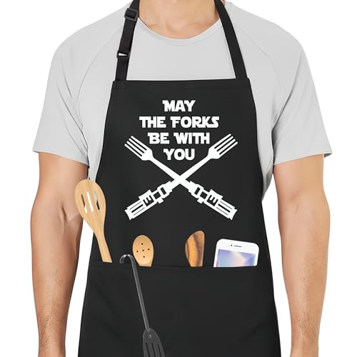 May the Forks Be With You Funny Aprons for Men with 2 Pockets, Cooking Apron for Dad, Gag Gifts for Men, Adjustable BBQ Apron for Husband, Chef Kitchen Gifts for Birthday & Father’s Day - A11 - color: May the Forks Be With You