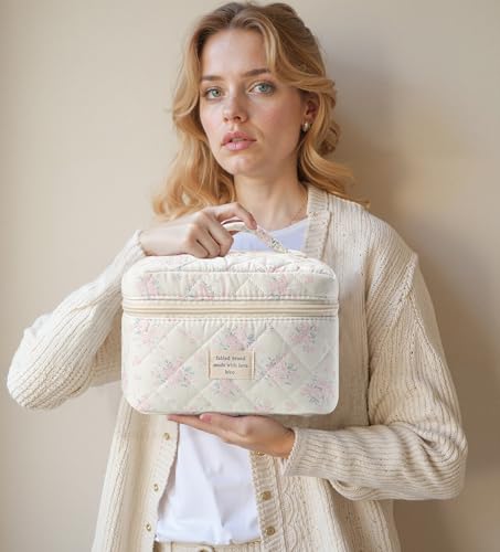 HBselect Quilted Makeup Bag, 3Pcs Cotton Large Travel Makeup Bags Organizer - color: A-3PCS-Floral 34