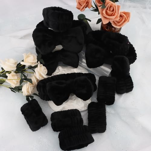 AOPRIE SPA Headbands for Washing Face Makeup Headbands with Bow Hair Band Women Facial Head Band Laurel Wrist Towel Wraps For Shower Face Mask Black, 12 Pack - color: Black