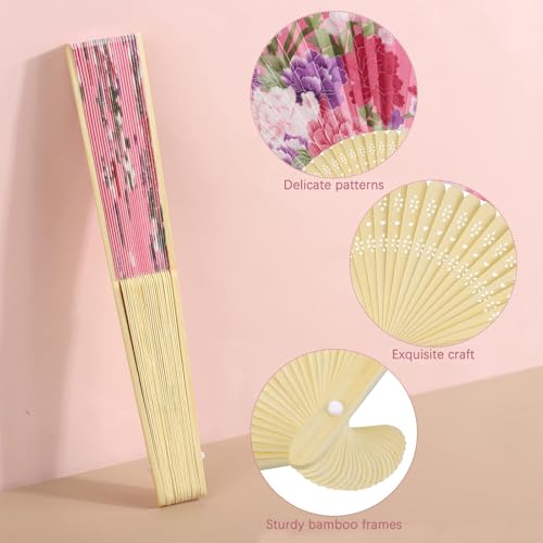 Aodaer 20 Pack Floral Folding Fans Chinese Style Handheld Fans Silk Bamboo Fans Decorative Fans for Wedding, Party Favors