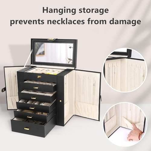 Kendal Extra Large Jewelry Box Jewelry Case PU Leather 6 Tier 5 Drawers Large Storage Capacity with Mirror Jewelry Storage Organizer Great Gift Also Good For Watches LJC-SHD5BK (black) - color: Black, size: Extra-Large(12.7"x12"x6.7")