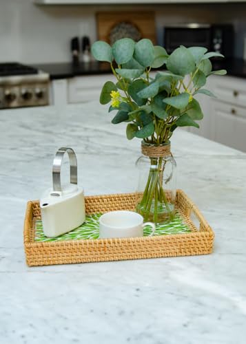 Magenta & Teal Decorative Rectangle Rattan Serving Tray 13x9 inch Mother of Pearl Inlay, Wicker Coffee Table Decor, Farmhouse (Green Petals) - color: Green Petals