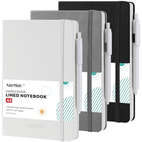 Hardcover Journal Notebook for Work, A5 (5.7"x8.4"), 3 Pack 160 Pages Lined Journaling Notebooks with Pen, 100GSM Paper, for Women Men Writing, Travel, Business, Daily Diary, School Office Supplies - color: Black_gray_white, size: A5