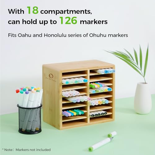 Ohuhu Bamboo Marker Organizer, Wooden Desktop Storage Holds 126 Markers - style: Rounded Corner Hold 126 Markers