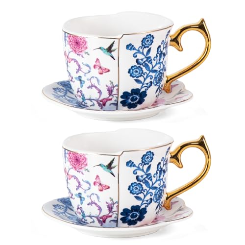 KAMMAK Tea Cups and Saucers Set of 2, 8 oz Porcelain Coffee Cups, YX018 - size: 8CZYX018
