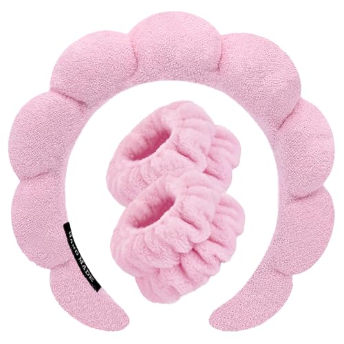 Tetizo Spa Headbands for Washing Face Wristband Set Sponge Makeup Skincare Headband Wrist Towels Bubble Soft Terry Towel Cloth Hairband for Women Puffy Headwear Non Slip Thick Hair Headwear (Pink) - color: Pink