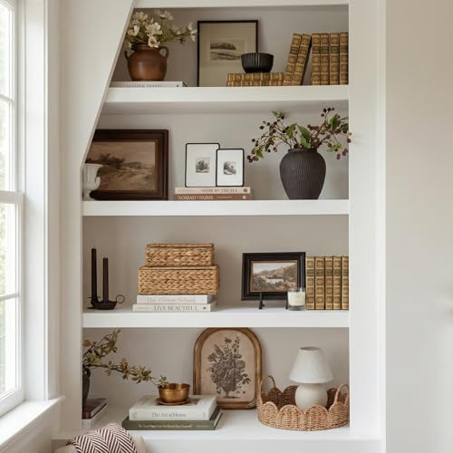 Decorative Storage Boxes with Lids - Set of 2 Wicker Organizer Shelf Bins