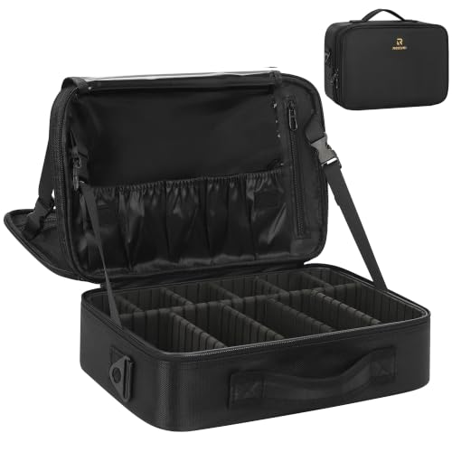 Relavel Makeup Bag Travel Makeup Train Case Large Cosmetic Case Professional Portable Makeup Brush Holder Organizer and Storage with Adjustable Dividers and Shoulder Strap Black - color: Black, size: Medium