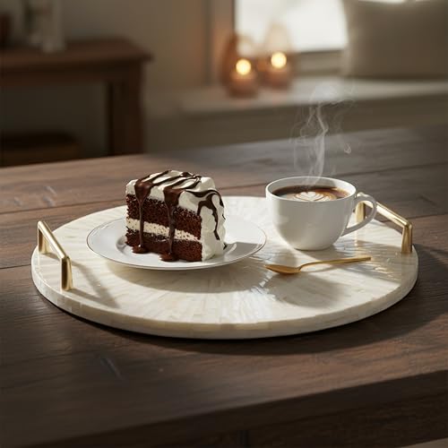 PEMAR Mother of Pearl Decorative Tray, 13" Round with Gold Metal Handles, Vanity/Perfume/Trinket Tray, Catchall for Dresser, Bathroom, Vanity Table (White Sunlight) - color: Cream Starburst