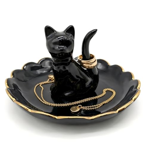 ROSA&ROSE Cat Ring Holder Trinket Tray Ceramic Jewelry Dish Porcelain Ring Organizer,Gift for Women,Girlfriend,Wife,Birthday or Anniversary(Black bow) - color: BowTie Cat Black