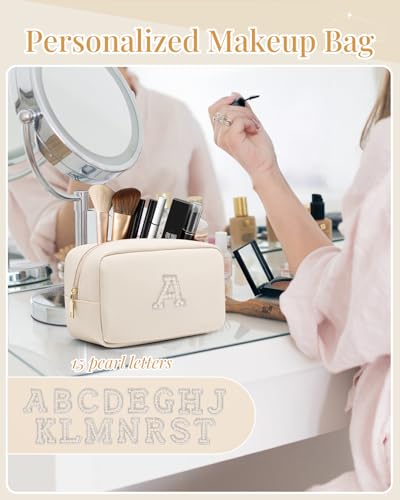 VLANDO Makeup Travel Bag with Pearl Monogram Patch,Beige A - color: 03-White-A