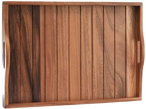 Large Acacia Wooden Serving Tray with Handles 20 x 14 inch Decorative Coffee Table Ottoman Tray for Living Room Extra Large for Kitchen Dinner Food Bar Breakfast in Bed (Color Natural) - color: Natural Wood