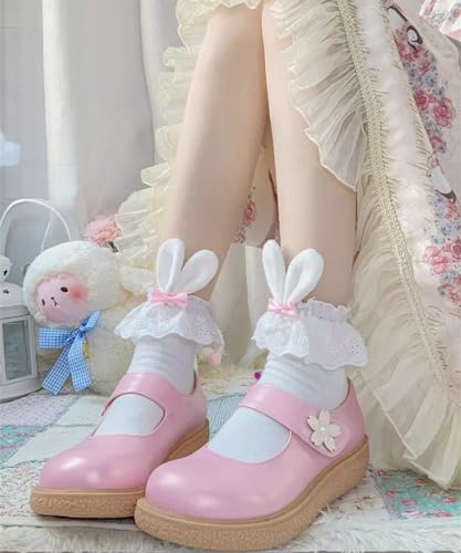 Cute Lolita Rabbit Bunny Ears Socks for Women & Teen Girls - Lace Bow Short Novelty Ankle Socks - color: Pink