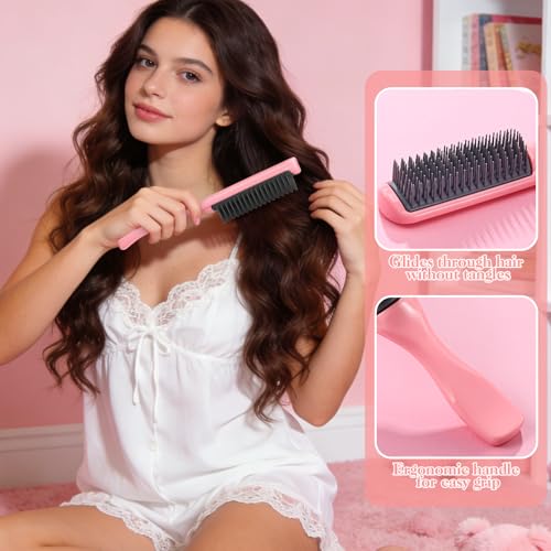 5Pcs Pink Hair Brushes for Women Hair Comb Set Detangler Brush for Men and Women Wet, Dry, Curly and Straight Hair - color: Pink