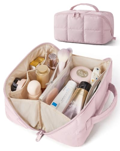 BAGSMART Flat-Open Makeup Bag, Travel Cosmetic Organizer Bag for Women - color: Baby Pink