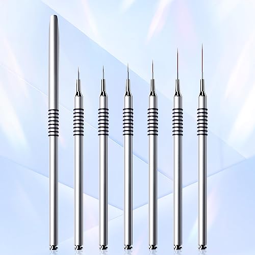 Nail Art Liner Brushes Set, 6Pcs Nail Art Design Brush Striping Thin Long Lines | Dotting Drawing Pen, UV Gel Polish Painting Metal Handle Striper Brushes Size 5/7/9/11/20/25mm - color: Silver