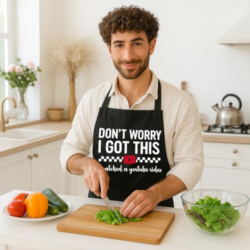 Funny Black Grill Apron with Pockets for Man,Dad,Husband,Father in Law,Chef Daddy Grilling Apron BBQ Cooking Gifts - color: I Watched Youtube
