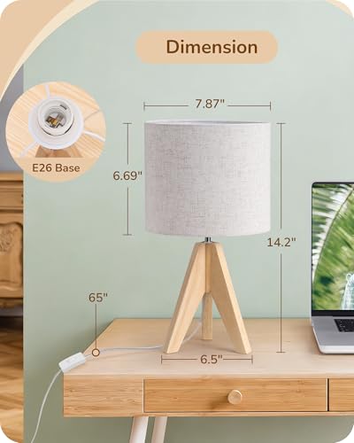 EDISHINE Small Table Lamp, Boho Bedside Lamp, Linen Fabric Shade, 14.2 Inch - color: Natural Wood&Beige Shade