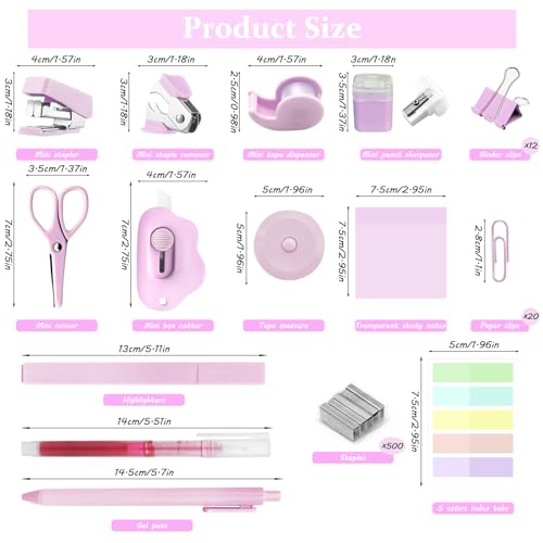 Mini School Supplies Kit, Pink Stapler with Staples and Tape Dispenser Set, Mini Stationary Set Includes Sticky Notes Index Tabs Highlighters Gel Pens for Office & Back to School Supplies - color: Pink