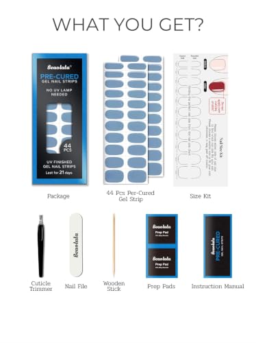 Real Gel Nail Strips (No UV Light Needed) - 44Pcs Salon Quality Nail Stickers - Long Lasting Polish Wraps for Women, Easy Apply & Remove (Moss Blue) - color: Moss Blue