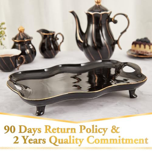 DUJUST Porcelain Serving Tray with Handles, Luxury British Style Coffee Table Tray with Golden Rim, Beautiful Tea Tray Decor for Living Room, Easy to Use & Clean - Black - color: Golden Rim: Black