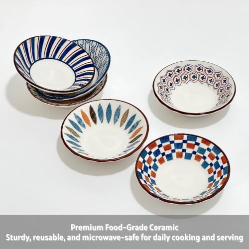 Small Bowls for Dips 3oz, Sauce Cups 3.8" Ceramic Bowl Set of 6 - color: Indigo Graffiti