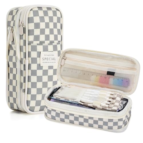 Bigmeta Gingham Expandable Pencil Case for Teens Girls - Light Gray - color: Light Gray