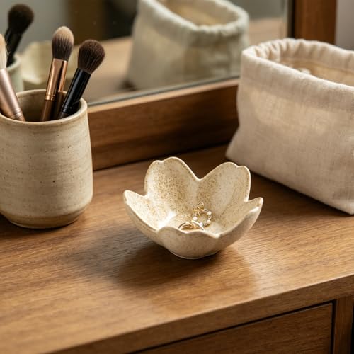 Floral Vanity Tray, Ceramic Jewelry Dish for Rings - color: camel