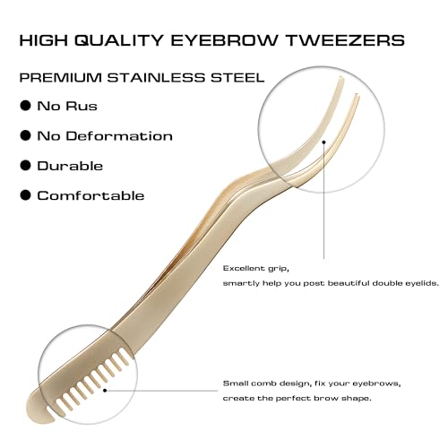 2 in 1 Lash Tweezer with Comb, Eyelash Extension, Stainless Steel Elbow Tweezers, Precise Eyebrow Tweezers Tool, Lashes Tweezer Applicator for DIY Applying False Eyelashes Clusters, Gold - color: Gold