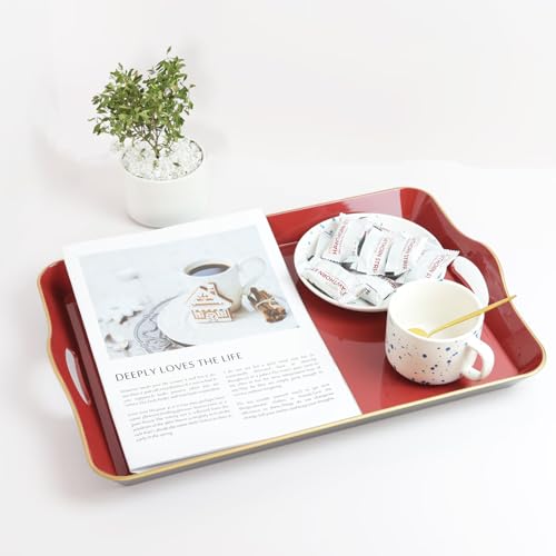 Spsyrine Large Red Decorative Tray, Elegant Plastic Serving Tray with Handles, Coffee Table Tray for Ottoman, Living Room, Home Decor 17.3"*11.8"*2" - color: Red
