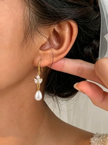 Pearl Earrings for Women,14K Gold/Silver Plated Dangle Drop Earrings - color: white
