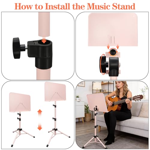 Mdvora 1 Pack Adjustable Pink Sheet Music Stand, with Carry Bag Clip Holder - color: 1 pack light pink, size: Standard Version