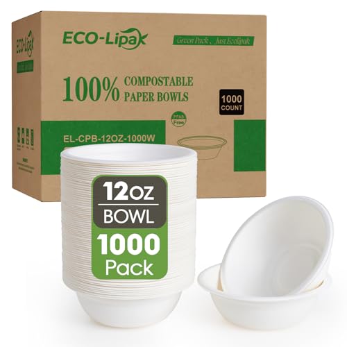 ECOLipak 1000 Pack 12 oz Paper Bowls Disposable, Compostable Bowls, White - color: 1000Pack-White