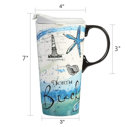 Topadorn 17oz Ceramic Travel Coffee Mug with Lid, Microwave Safe Tea Cup - color: North Beach