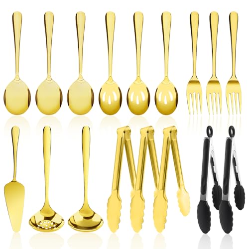 17PCS Serving Spoons and Utensils Set, Stainless Steel Serveware Gold - color: Gold
