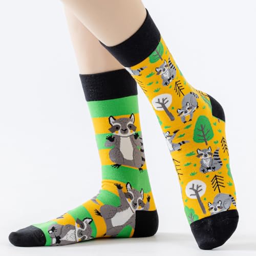 2 Pairs Cartoon Animal Crew Socks Fun Cotton Mid Calf Socks for Women - color: Raccoon