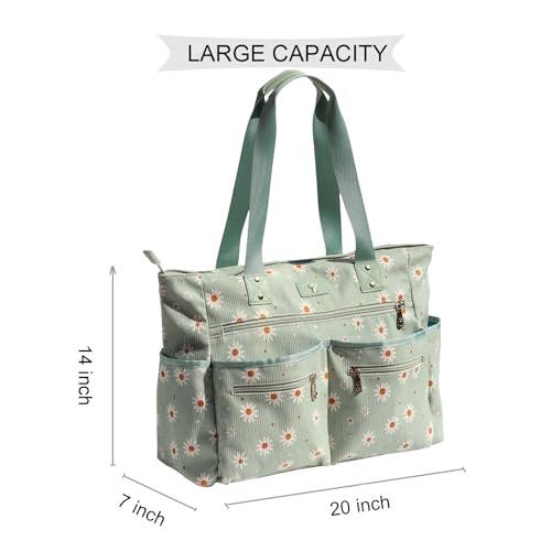 Weekender Bag Carry On Bag Overnight Tote Travel Duffle with 13 Pockets for Travel,Work，Gym,Beach,Teacher,Nurse - color: Corduroy matcha daisy
