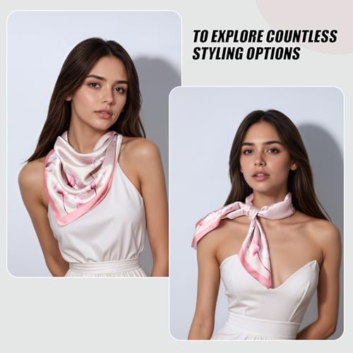 Seawhisper Premium Printed Satin Silk-Like Neck Scarf for Women Square 26" - color: Pink