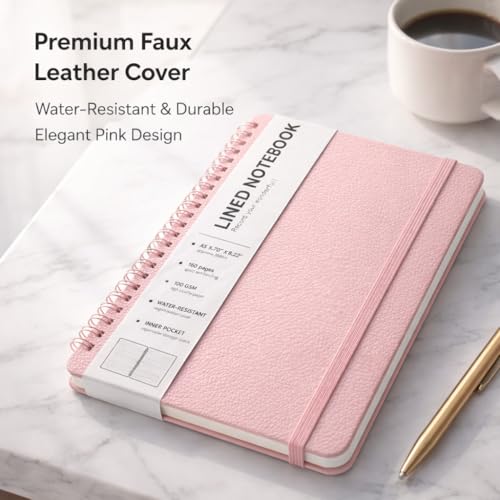 Lined Spiral Journal Notebook, A5 Hardcover Leather Notebook for Work, 5.7''×8.2'', 100GSM Thick Paper Spiral Bound Journaling Notebooks for Women & Men Office School Note Taking Business, Pink - color: Pink, size: A5
