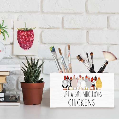 Funny Chicken Pen Holder for Desk, Chicken Lover Mom Lady Gifts Pencil Organizer, Just a Girl Who Loves Chickens Wooden Box Sign Desk Decor for Home Office Decoration - color: CHICKENS
