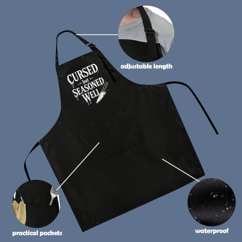 Funny Apron for Men Women,Humorous Kitchen Apron- Grilling Cooking BBQ Accessories, Gift for Dad Husband - color: Cursed But Seasoned Well