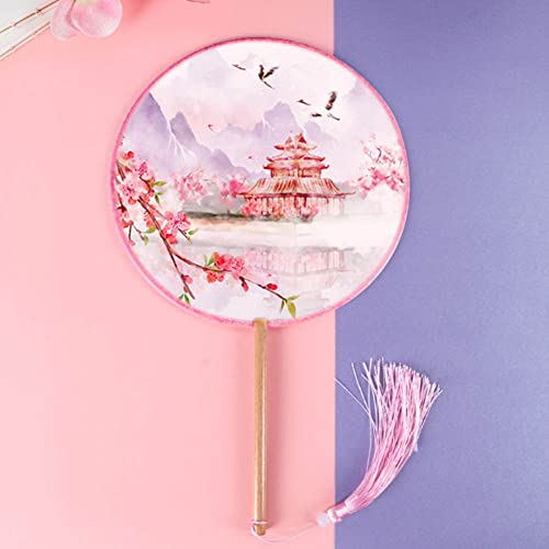BAOZOON 3 Pcs Silky Translucent Ancient Round Fan Classic Silk Hand Held Fan Floral Pattern Palace Paddle Dance Fan with Tassel Wooden Handle Wedding Favor Gift Home Decor - color: Color#7