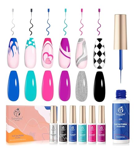 Beetles Gel Liner Nail Polish, 6 Colors Nail Art Paint for Swirl Nails - color: B - Multicolor Clear-6