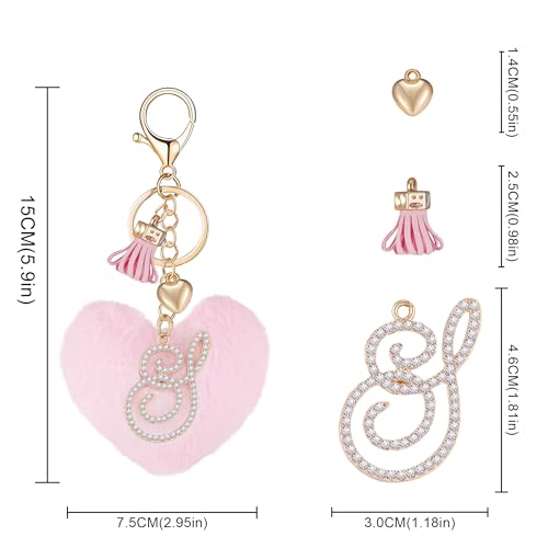 Initial Letter Heart Pom Pom Keychain for Women Pink Soft Fluffy Ball Key Ring for Purse Backpack Handbag - color: J