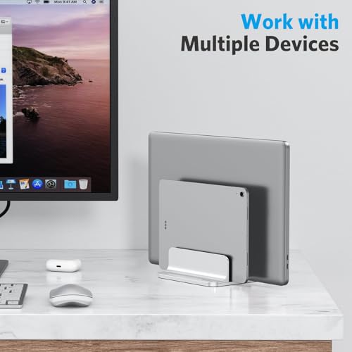 OMOTON Dual Vertical Desk Laptop Stand Holder, Fits MacBook Air/Pro, Silver - color: Silver