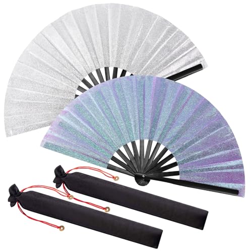 Maitys 2 Packs Large Folding Hand Fans, 13'', Glitter Sliver and Purple - color: Glitter Sliver and Purple